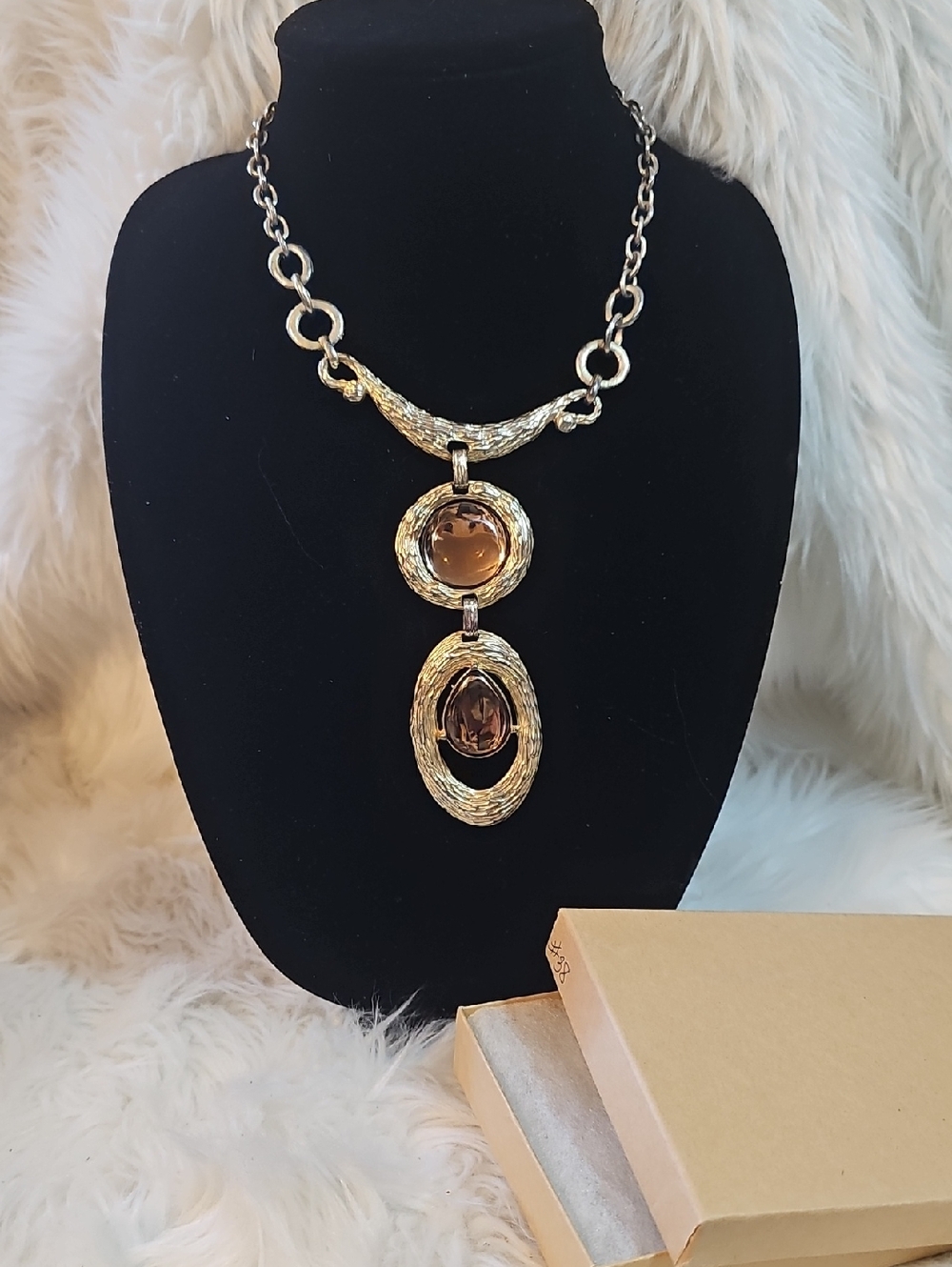 Gold-Tone Pendant Necklace with Amber Glass Stones #38